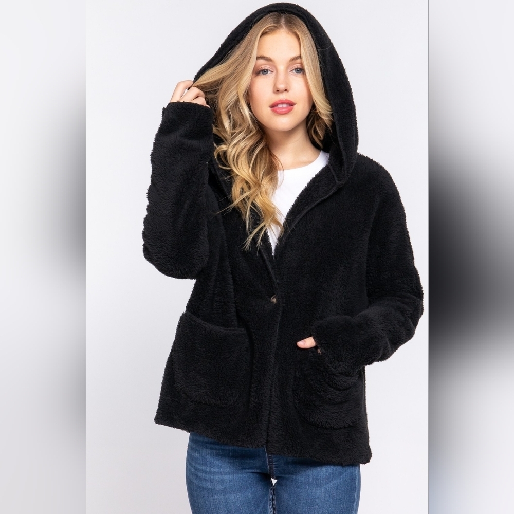 Black Long Dolman Sleeve Hoodie Teddy Fur Fleece Jacket